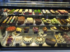 Cake counter including vegan options  at Celicioso Barquillo in Madrid
