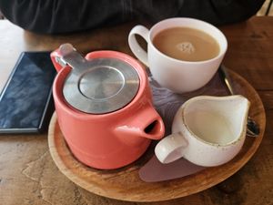 Pot of tea with oat milk at Greensmith & Thackwray in Scarborough