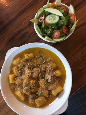 Pumpkin gnocchi and mini salad  at Green-Go Garden in Siem Reap