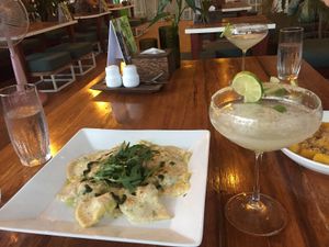 Mushroom ravioli and ginger slush cocktail at Green-Go Garden in Siem Reap