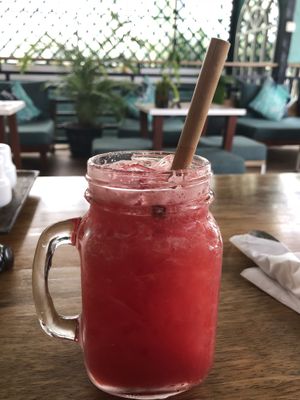 Watermelon juice with reusable bamboo straw. at Green-Go Garden in Siem Reap