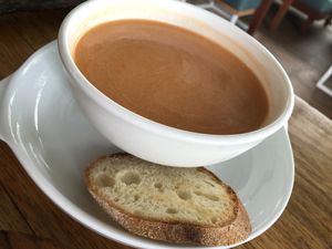 Tomato soup, cold like gazpacho. at Green-Go Garden in Siem Reap