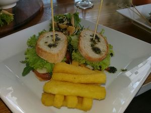 Tastey BBQ sandwich and interesting corn fries. at Green-Go Garden in Siem Reap