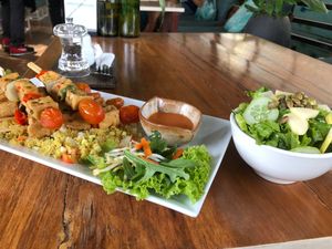 Tofu skewers and mini green salad   at Green-Go Garden in Siem Reap