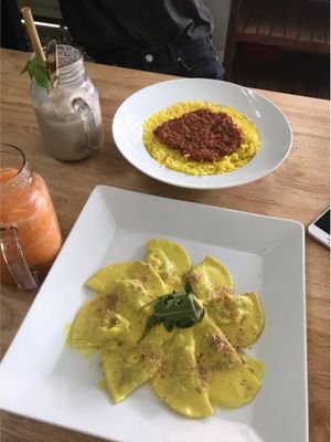 Tofu and veg ravioli and chilli con ‘carne’  at Green-Go Garden in Siem Reap