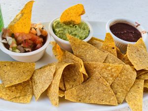 Chips + salsa come with guac!  at Vida Hermosa in Playa Hermosa