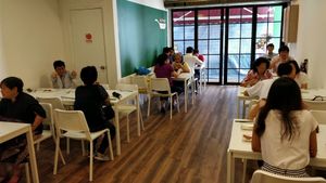restaurant interior. Full House during lunch on the 1st day at Soul Veggie Korean Vegetarian in Central Singapore