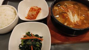 Doenjang-jjigae (Fermented soybean paste stew) served with rice at Soul Veggie Korean Vegetarian in Central Singapore