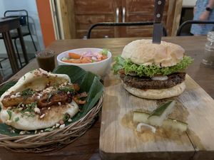 Bao, salad, and burger  at Small Time Cooks in Abang