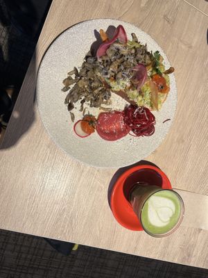 Mushroom avocado toast and a matcha latte with oatmilk  at Green Farm Cafe  in Kutchan