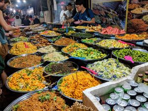 Huge vegetarian buffet in the food alley at Buffet at Luang Prabang Night Market in Luang Prabang