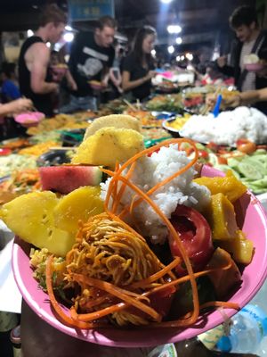 Bowl of food  at Buffet at Luang Prabang Night Market in Luang Prabang
