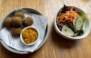 Falafels with mango chutney and appetizer salad at Prana Vegetariano - JB in Rio De Janeiro