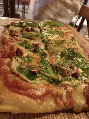 Zucchini, cashew cheese, almond and pesto watercress pizza.  at Prana Vegetariano - JB in Rio De Janeiro