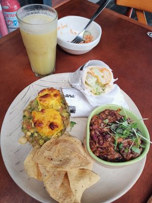 Burrito,guac, and chilli. It was yummy but not worth the cost of 50 reais plus the drink of 15. at Prana Vegetariano - JB in Rio De Janeiro