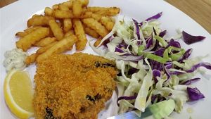 (mock) fish and chips at PineGreen Fusion in Northeast Singapore