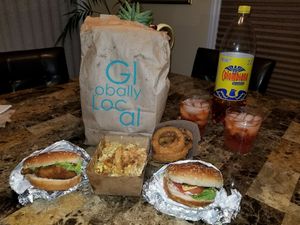 fries supremacy, a vopper, & a chickUn burger at Globally Local - Highbury in London