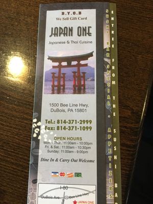 Menu and hours at Japan One in Dubois