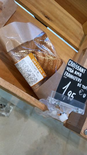 vegan sausage stuffed croissant 1,95€ at Veritas - Carrer del Torrent de l'Olla in Barcelona