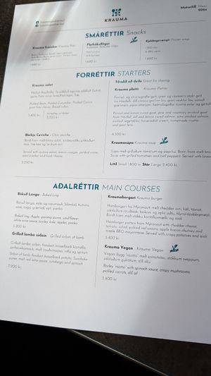 Menu at Krauma Geothermal Baths in Reykholt