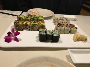 Veggie tiger roll, mango-carrot-cucumber roll, sweet potato roll, and... more a cucumber roll at Green Tea in Bangor