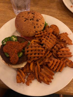 Beyond burger with vegan bun & sweet potato waffle fries at Stateline Brewery & Restaurant in South Lake Tahoe