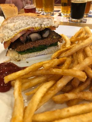 Forest Floor burger with the Beyond patty (just ask for it to be made vegan). at Stateline Brewery & Restaurant in South Lake Tahoe