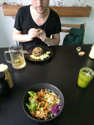 Fried rice with pineapple (150b) and veggie bowl. Pineapple mint juice shale - amazing. at Green Shelter in Koh Tao
