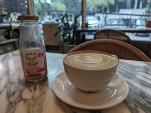 Oat milk latte and a kombucha at The Green Geek Shop in Bangkok