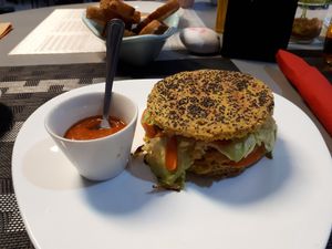 Vegan burger and arrabbiata sauce! at Casa Veggy in Nerja