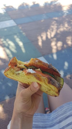 Sandwhich with tomato, grilled zucchini, spicy sauce and vegan cheese at Casa Veggy in Nerja