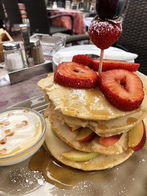 Plantcake tower with fresh fruits, soy yoghurt and mapple syrup at Café Harmony in Bad Hersfeld