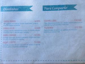 Menu at Amma in Santiago