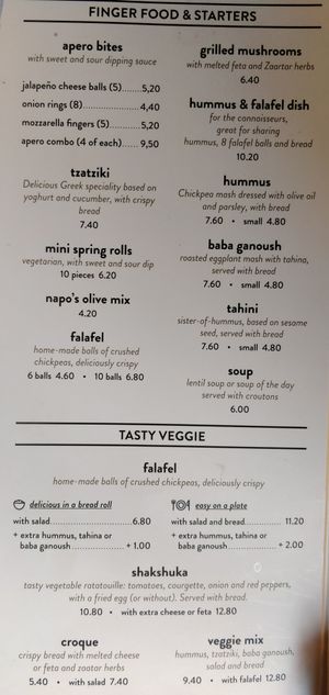 Vegetarian menu at Napo's Quality Grill in Antwerpen