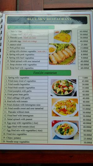 menu 3/4 at Blue Sky in Ha Giang