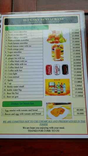 menu 4/4 at Blue Sky in Ha Giang