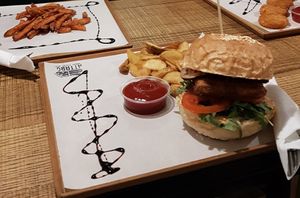 Really good vegan tofu burger (with eggplant, arugula, tomatoes,...) at Attaboy in Budapest