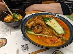 Teriyaki "chick'n" ramen and bang bang cauliflower at Wagamama in Nottingham