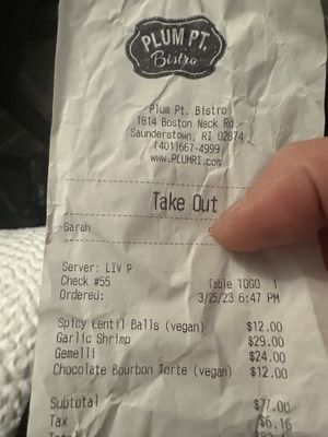 Make sure your gemelli says vegan!  at Plum Pt. Bistro in Saunderstown