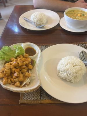 Tofu amok and tofu curry  at Coconut Lyly in Battambang