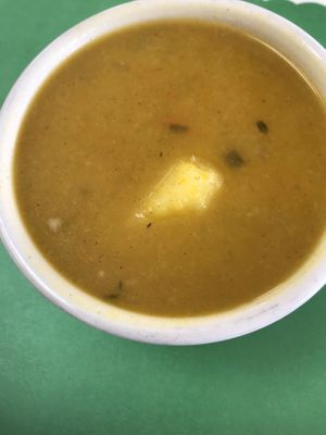 Pumpkin Soup with root veggies and dumplings or “spinners”— super well seasoned and spicy at MeHungry in Plantation