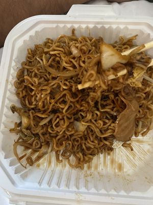 Half-eaten teriyaki chicken ramen noodles at Vegan Bowl in West Jordan
