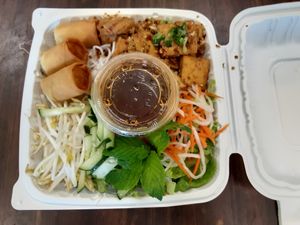 Salad noodles, tofu lemongrass with eggrolls at Vegan Bowl in West Jordan