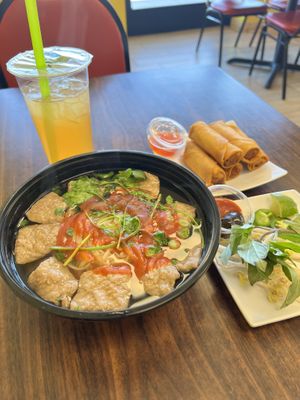 Vegan beef pho and vegan egg rolls   at Vegan Bowl in West Jordan