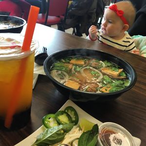 House special pho, passion fruit boba green tea at Vegan Bowl in West Jordan
