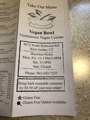 Take out menu at Vegan Bowl in West Jordan