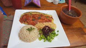 Courgette parmigiana with rice and beans at Do Bem in Jericoacoara