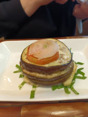 Eggplant tomato onion pineapple (burger?), could have used a bit sauce though at California Cafe  in Havana