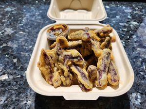 Purple yam tempura at Onigilly - Kearny St in San Francisco