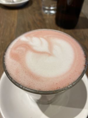 Beetroot latté works well with oat milk. Lovely subtle flavour latté at Sycamore Meadows in Reservoir